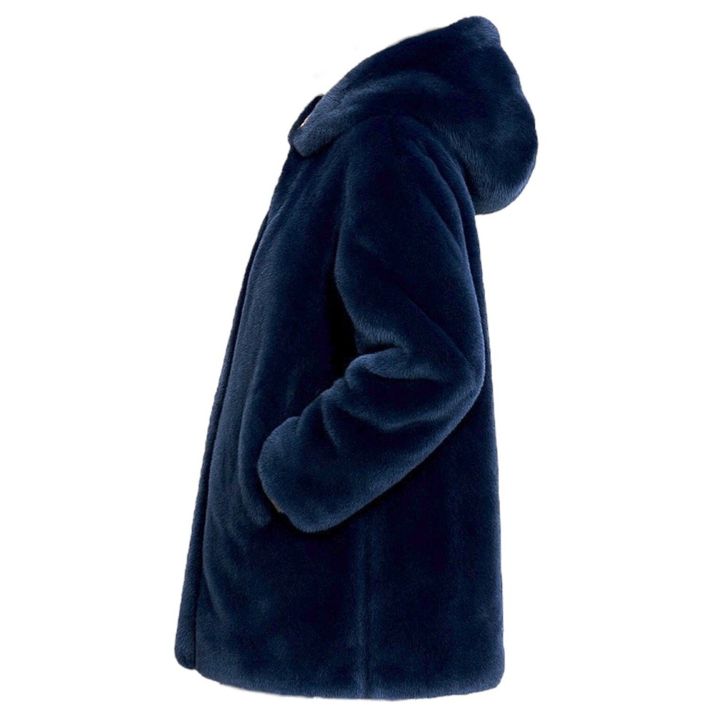 Women's Hooded Faux Fur Coat Blue XSmall Winter Cozy Mob Wife Classic Timeless - Picture 2 of 7